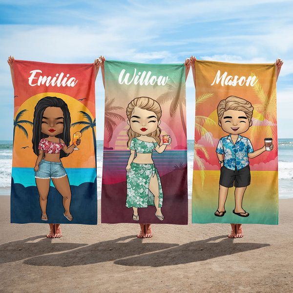 Gepersonaliseerde Oversized Sneldrogende Hawaii Zonsondergang Streep Strandhanddoek met Naam Zomerreis Verjaardagscadeau voor Familie en Vrienden
