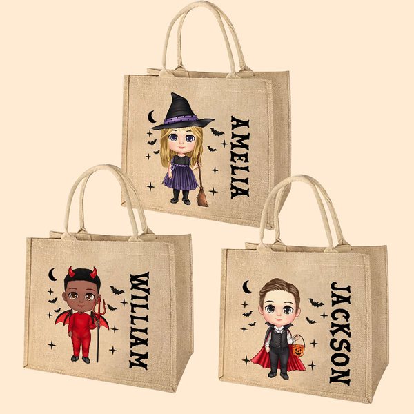 Personalizzato Cartoon Vampire Witch Trick or Treat Jute Tote Bag con nome Halloween Party Gift for Boys Girls