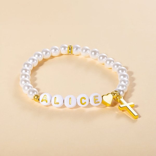 Personalizada Freshwater Shell Pearl Cruz pulsera con nombre Cumpleaños Bautizo Regalo religioso para las mujeres