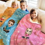 Personalized Cute Cartoon Character Heart Birth Flower Soft Throw Blanket with Name Birthday Christmas Gift