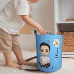 Gepersonaliseerde Dubbelzijdige Wasmand met Cartoonfiguur en Geboortebloem Waterdicht met Handvat Cadeaus voor Kinderen