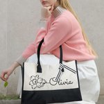 Personalized Birth Flower Large Canvas Tote Bag with Name Daily Travel Work Essentials Mother's Day Birthday Gift for Women