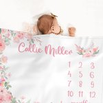 Personalized Pink Floral Milestone Blanket with Name Baby Shower Photo Prop Gift for Baby Girls