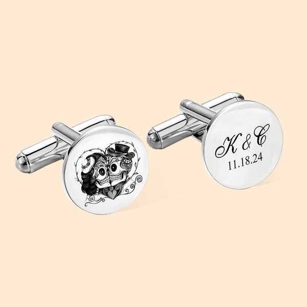 Boutons de manchette personnalisés en forme de crâne de sucre mexicain, avec initiales gravées et date du jour des morts Cadeau de mariage pour le mar