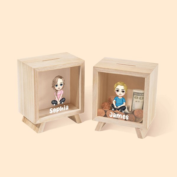 Gepersonaliseerde schattige cartoon karakter houten spaarpot spaarpot met naam verjaardagscadeau voor jongens meisjes