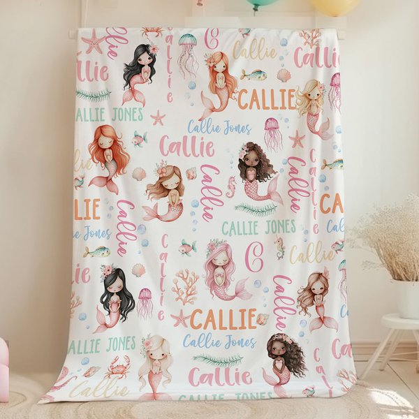 Personalised Pink Mermaid Princess Soft Blanket with Colourful Initial and Name Nursery Decor Baby Shower Birthday Gift for Girls Mermaid Lovers