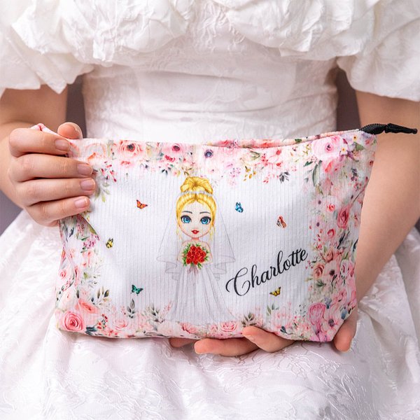 Personalisierte niedlichen Cartoon-Charakter floralen Kord Make-up Tasche Tasche mit Namen Hochzeit Braut Dusche Geschenk für Braut Brautjungfer