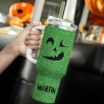 Spersonalizowany kubek z imieniem i nazwiskiem z pokrywką i słomką na Halloween dla przyjaciela, rodziny, ze sztucznym brokatem i zabawnym wzorem dyni o dużej pojemności 40 uncji