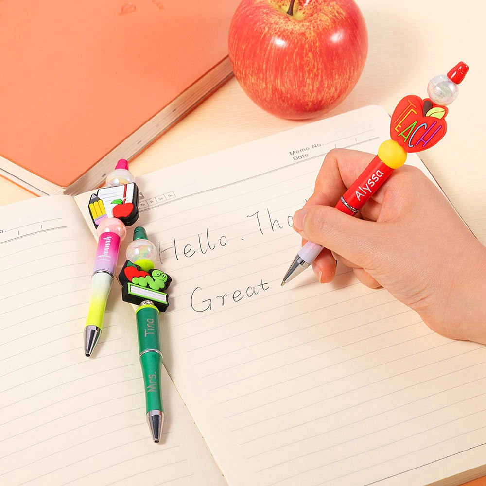 Personalized Pencil Apple Design Breaded Pen Keychain Set with Name Teacher Appreciation Back to School Gift for Teacher 4