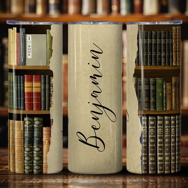 Bicchiere personalizzato Vintage Bookshelf 20oz Skinny Tumbler con cannuccia Nome Compleanno Regalo di lettura per gli amanti dei libri Bookworm