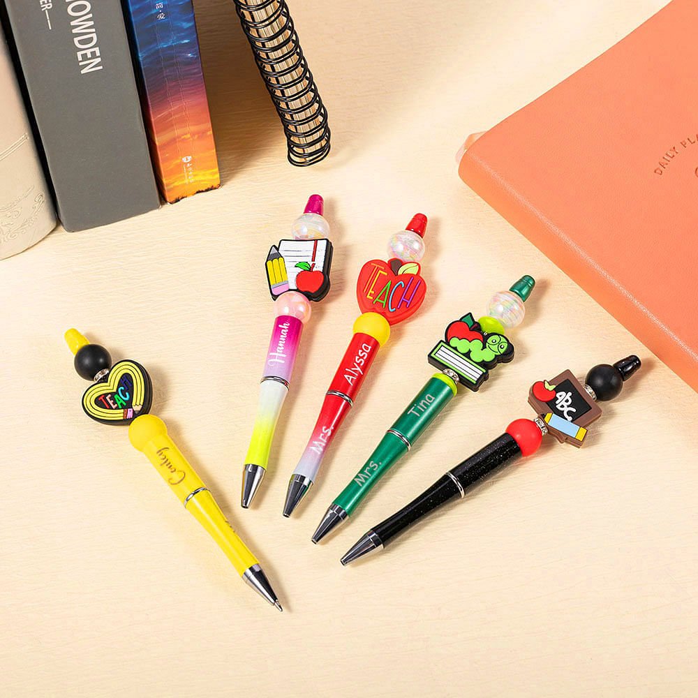 Personalized Pencil Apple Design Breaded Pen Keychain Set with Name Teacher Appreciation Back to School Gift for Teacher 6