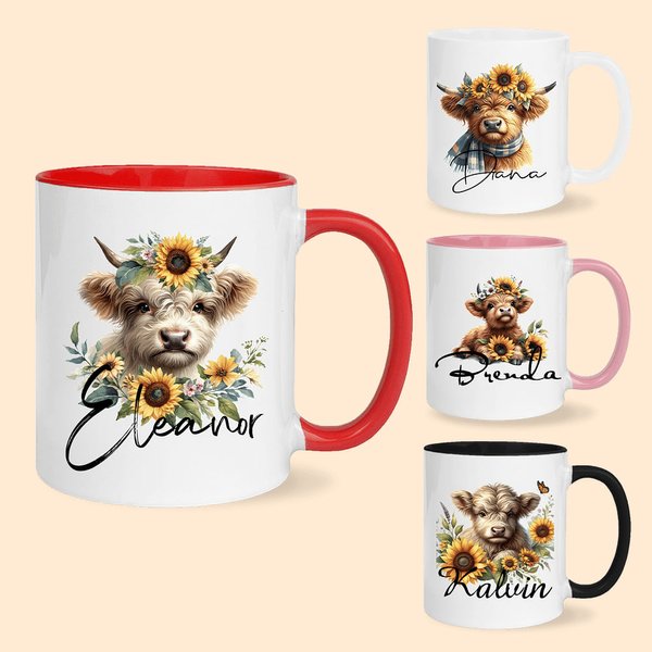 Personalized Sunflower Highland Cow Multicolor 11oz Ceramic Mug with Name Birthday Gift for Highland Cow Lovers