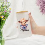 Flor de Nacimiento Personalizada Vaca de las Tierras Altas 20oz Vaso Transparente Esmerilado con Nombre y Pajita Regalo de Cumpleaños para los Amantes