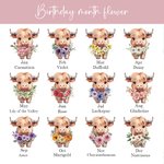 Flor de Nacimiento Personalizada Vaca de las Tierras Altas 20oz Vaso Transparente Esmerilado con Nombre y Pajita Regalo de Cumpleaños para los Amantes