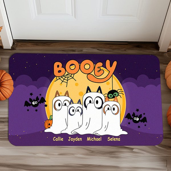 Paillasson Antidérapant et Multicolore avec Nom Personnalisé Design 1 - 6 Fantômes de Chien Citrouille Cadeau Décoration Halloween pour Famille