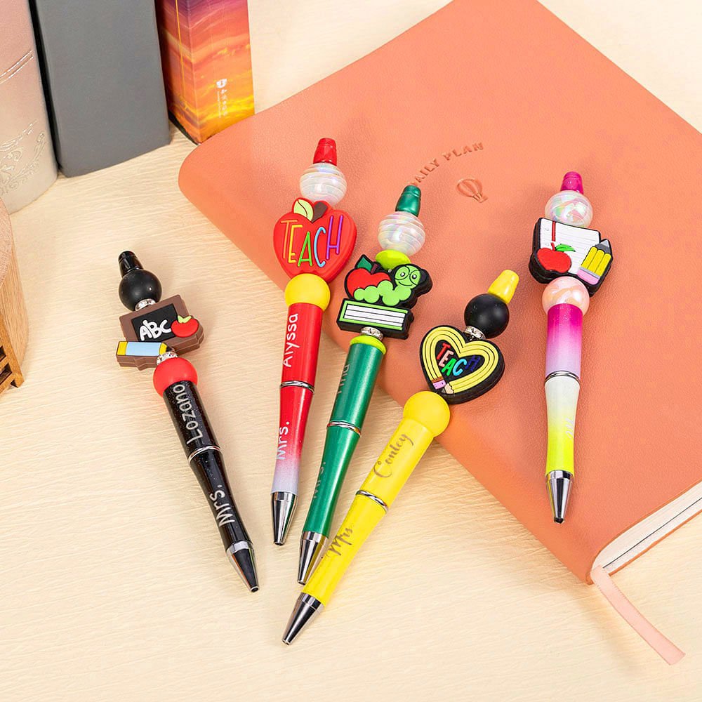 Personalized Pencil Apple Design Breaded Pen Keychain Set with Name Teacher Appreciation Back to School Gift for Teacher 8