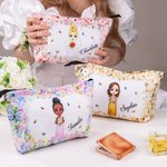 Personalisierte niedlichen Cartoon-Charakter floralen Kord Make-up Tasche Tasche mit Namen Hochzeit Braut Dusche Geschenk für Braut Brautjungfer