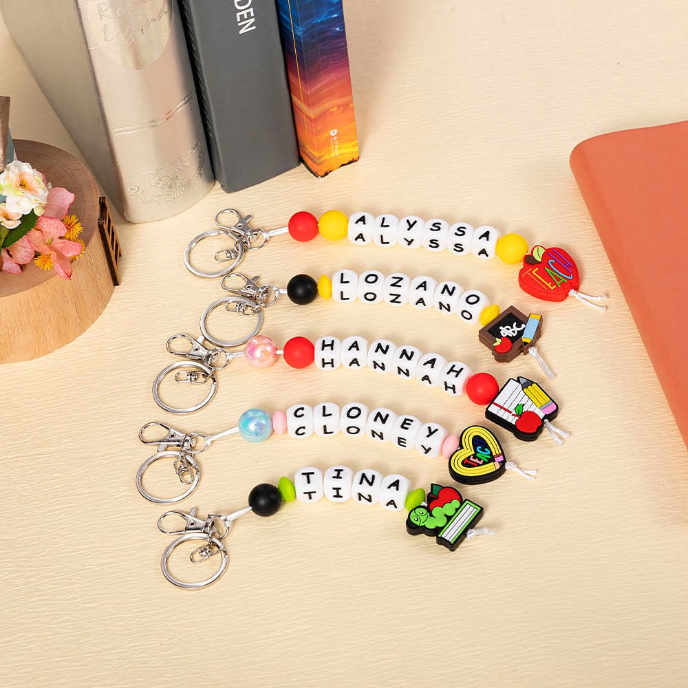 Personalized Pencil Apple Design Breaded Pen Keychain Set with Name Teacher Appreciation Back to School Gift for Teacher 3