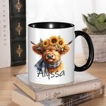 Personalisierte Sonnenblume Hochland Kuh Multicolor 11oz Keramik Becher mit Namen Geburtstag Geschenk für Hochland Kuh Liebhaber