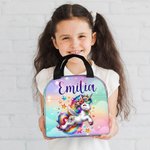 Personalised Cute Rainbow Floral Fantasy Unicorn Insulated Lunch Bag with Name Birthday Back to School Picnic Gift for Kids Unicorn Lovers