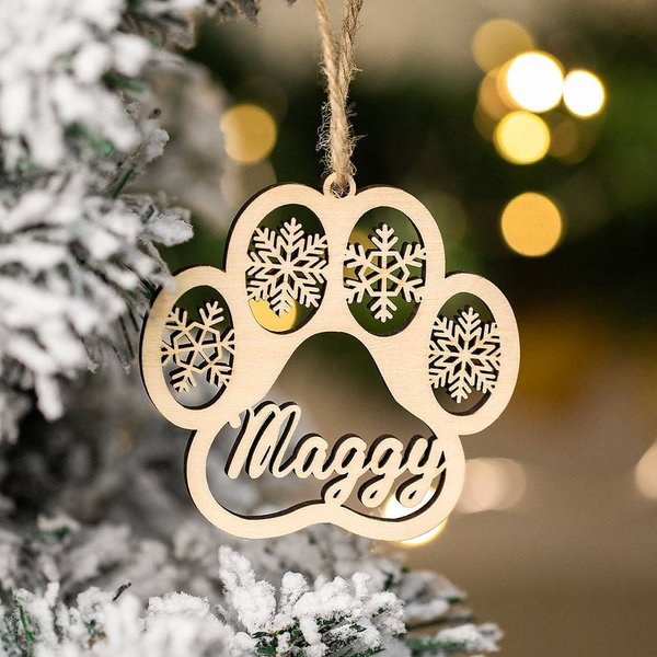 Ornement en Bois Personnalisé avec Nom Style en Forme de Patte de Chien Chat Décoration de Sapin Cadeau Pour Famille Enfants