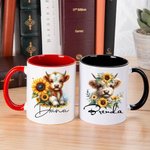 Personalisierte Sonnenblume Hochland Kuh Multicolor 11oz Keramik Becher mit Namen Geburtstag Geschenk für Hochland Kuh Liebhaber