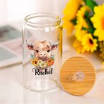 Flor de Nacimiento Personalizada Vaca de las Tierras Altas 20oz Vaso Transparente Esmerilado con Nombre y Pajita Regalo de Cumpleaños para los Amantes