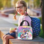 Personalised Cute Rainbow Floral Fantasy Unicorn Insulated Lunch Bag with Name Birthday Back to School Picnic Gift for Kids Unicorn Lovers