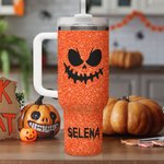 Spersonalizowany kubek z imieniem i nazwiskiem z pokrywką i słomką na Halloween dla przyjaciela, rodziny, ze sztucznym brokatem i zabawnym wzorem dyni o dużej pojemności 40 uncji
