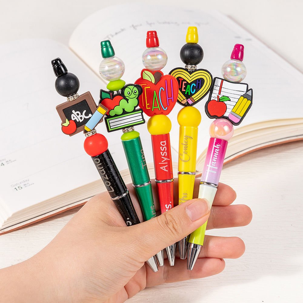 Personalized Pencil Apple Design Breaded Pen Keychain Set with Name Teacher Appreciation Back to School Gift for Teacher 2