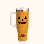 Spersonalizowany kubek z imieniem i nazwiskiem z pokrywką i słomką na Halloween dla przyjaciela, rodziny, ze sztucznym brokatem i zabawnym wzorem dyni o dużej pojemności 40 uncji