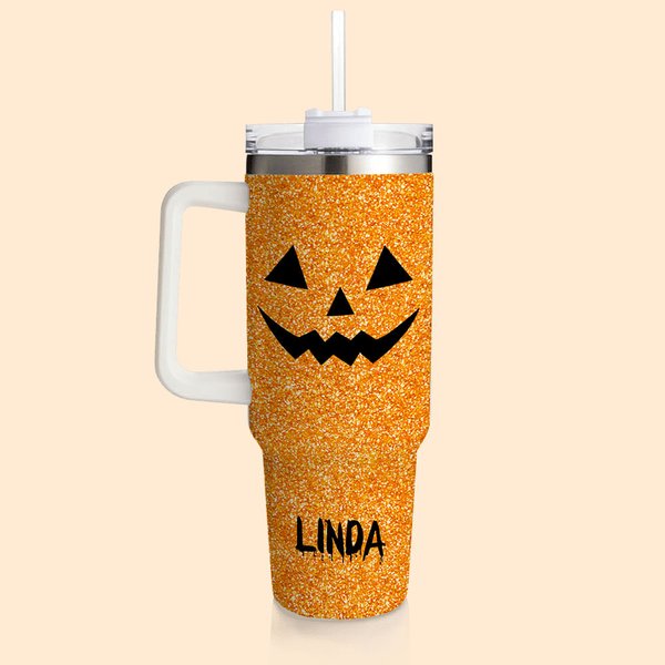 Spersonalizowany kubek z imieniem i nazwiskiem z pokrywką i słomką na Halloween dla przyjaciela, rodziny, ze sztucznym brokatem i zabawnym wzorem dyni o dużej pojemności 40 uncji