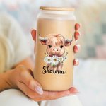 Flor de Nacimiento Personalizada Vaca de las Tierras Altas 20oz Vaso Transparente Esmerilado con Nombre y Pajita Regalo de Cumpleaños para los Amantes