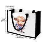 Personalised Birth Flower Highland Cow Large Canvas Tote Bag with Name Birthday Anniversary Gift for Highland Cow Lover