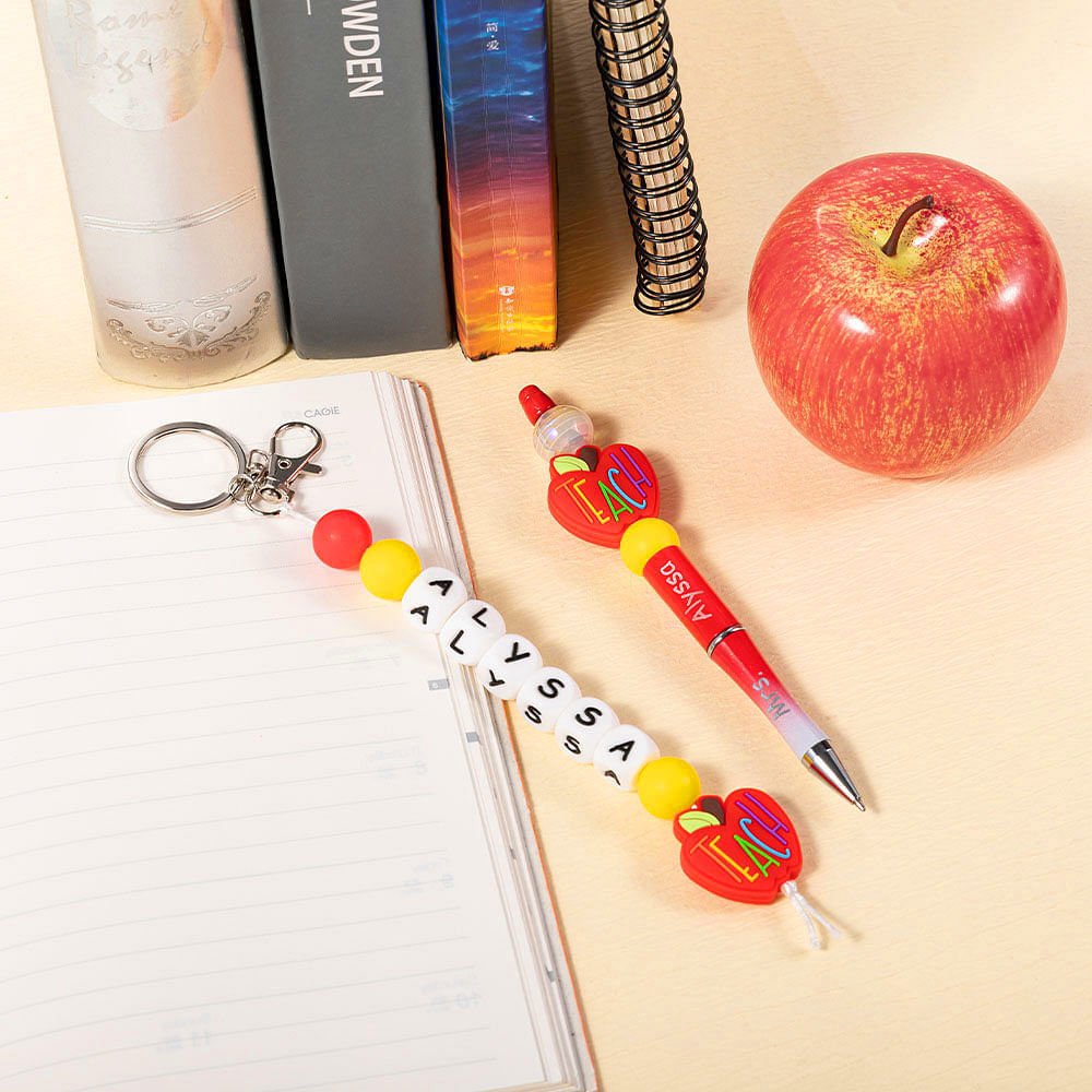 Personalized Pencil Apple Design Breaded Pen Keychain Set with Name Teacher Appreciation Back to School Gift for Teacher 5