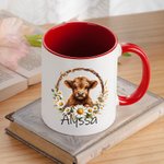 Personalisierte Sonnenblume Hochland Kuh Multicolor 11oz Keramik Becher mit Namen Geburtstag Geschenk für Hochland Kuh Liebhaber