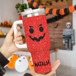 Spersonalizowany kubek z imieniem i nazwiskiem z pokrywką i słomką na Halloween dla przyjaciela, rodziny, ze sztucznym brokatem i zabawnym wzorem dyni o dużej pojemności 40 uncji