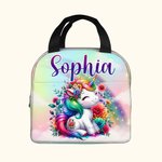 Personalised Cute Rainbow Floral Fantasy Unicorn Insulated Lunch Bag with Name Birthday Back to School Picnic Gift for Kids Unicorn Lovers