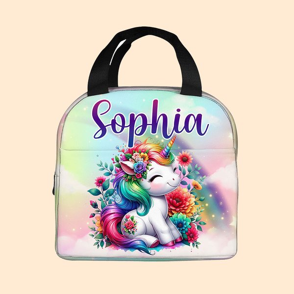 Personalised Cute Rainbow Floral Fantasy Unicorn Insulated Lunch Bag with Name Birthday Back to School Picnic Gift for Kids Unicorn Lovers
