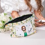 Personalisierte niedlichen Cartoon-Charakter floralen Kord Make-up Tasche Tasche mit Namen Hochzeit Braut Dusche Geschenk für Braut Brautjungfer