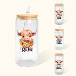 Flor de Nacimiento Personalizada Vaca de las Tierras Altas 20oz Vaso Transparente Esmerilado con Nombre y Pajita Regalo de Cumpleaños para los Amantes