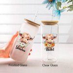 Flor de Nacimiento Personalizada Vaca de las Tierras Altas 20oz Vaso Transparente Esmerilado con Nombre y Pajita Regalo de Cumpleaños para los Amantes
