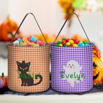 Personlig Fladdermus Pumpa Svart Katt Rutnät Bus eller godis Godishink med handtag Återanvändbar Halloween Partytillbehör Present till barn