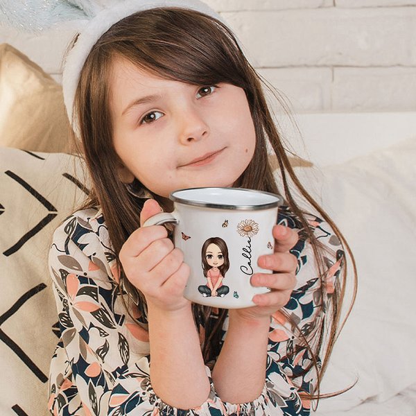 Personalised Cute Cartoon Boy Girl Character 12oz Enamel Mug with Birth Flower and Name Christmas Birthday Gift for Kids