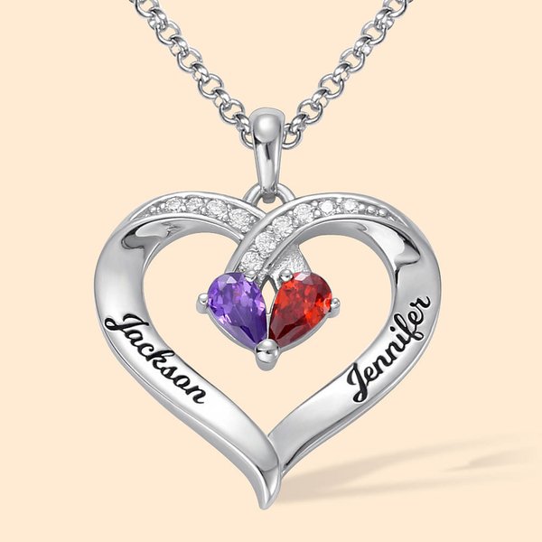 Personalized Forever Together Heart Pendant Sterling Silver Necklace with Double Birthstones and Engraved Names Valentine's Day Gift for Women