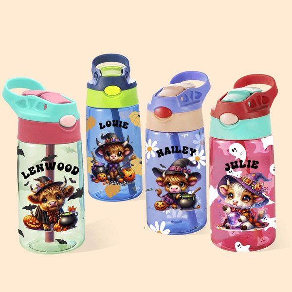 Gepersonaliseerde Halloween Hoogland Koe Thema 17oz Kid naam waterfles met rietje en morsbestendig deksel Terug naar school Fall Halloween Gift voor j