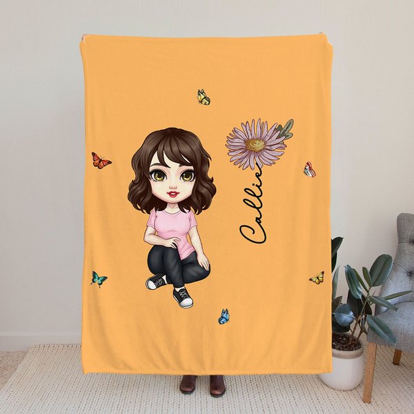 Coperta morbida e accogliente personalizzata con personaggio animato nome e fiore di nascita regalo di compleanno per bambini e famiglia