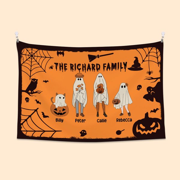Personalizado Multicolor Halloween Tema de dibujos animados Fantasma Familia Tapiz con 2-10 nombres Telón de fondo Pared Decoración Fiesta de Navidad 