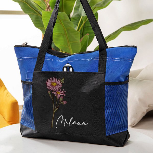 Sac de Voyage Personnalisé avec Nom et Fleur de Naissance Grande Capacité Pochette en Maille Cadeau Anniversaire Mariage pour Femme