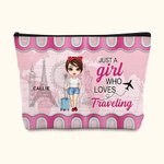 Personalized Just A Girl Who Loves Traveling Cartoon Canvas Makeup Storage Bag with Name Birthday Holiday Travel Gift for Women